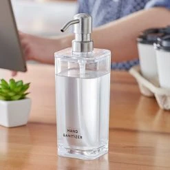 American Metalcraft DPS17 17 Oz. Clear Plastic Square Refillable Hand Sanitizer Dispenser With Silkscreen And Stainless Steel Pump